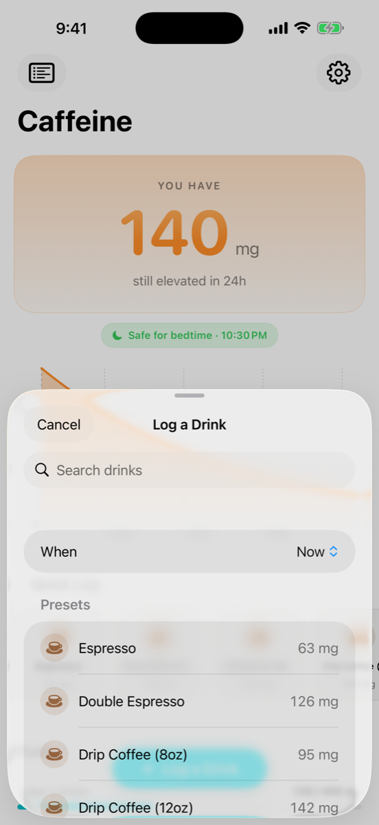 Caffeine Curve log sheet with searchable drink presets and time options